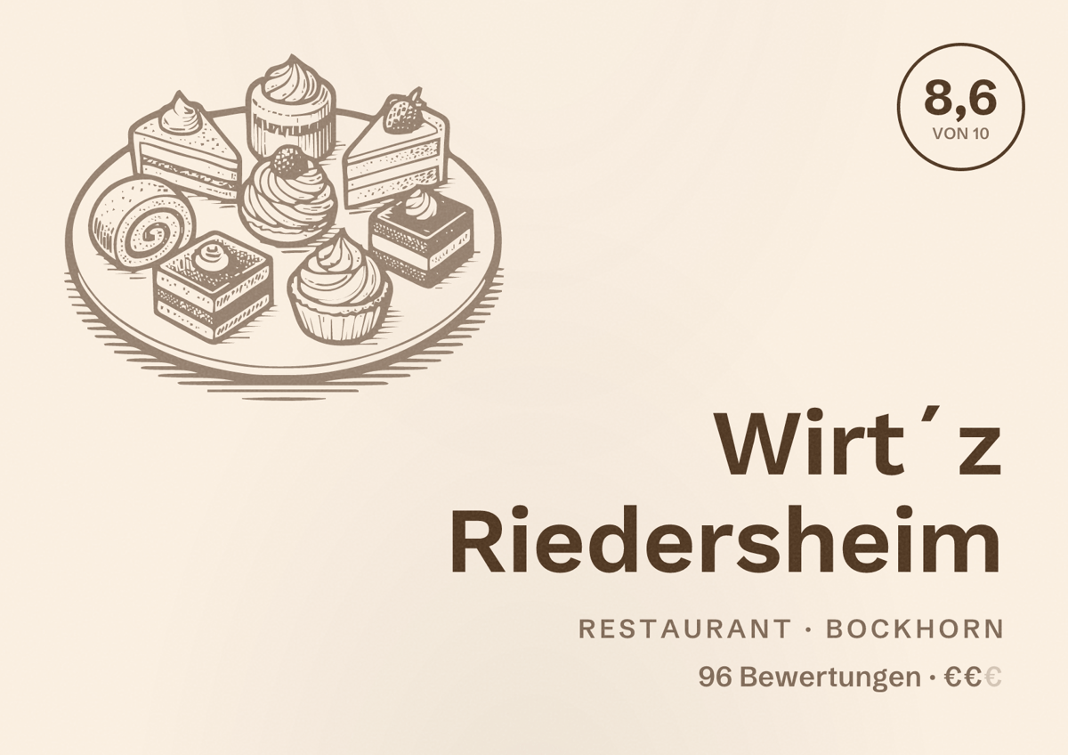 Illustriertes Poster von Wirt´z Riedersheim, Restaurant in Bockhorn: Bewertung 8,6 von 10 aus 96 Bewertungen, Preisniveau €€