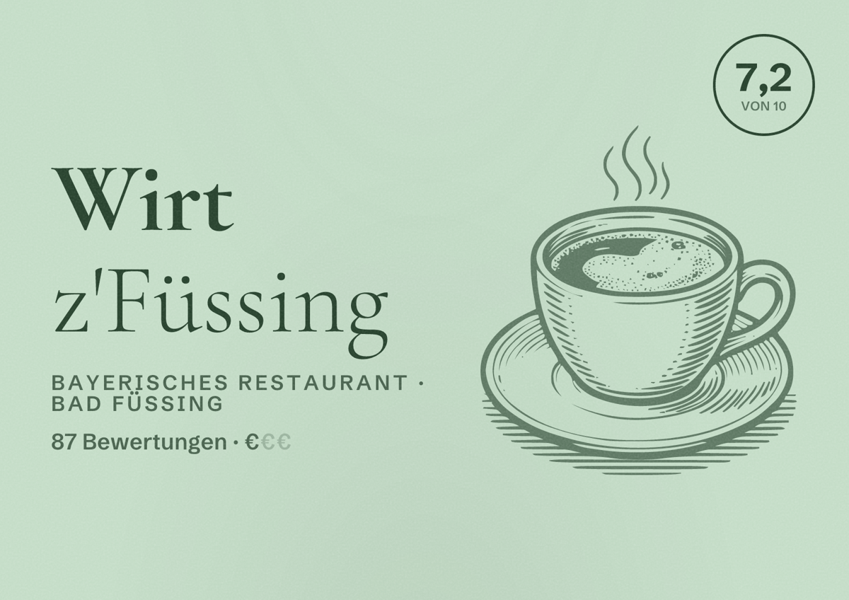 Illustriertes Poster von Wirt z'Füssing, Bayerisches Restaurant in Bad Füssing: Bewertung 7,2 von 10 aus 87 Bewertungen, Preisniveau €