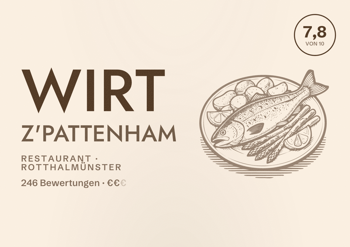 Illustriertes Poster von Wirt z'Pattenham, Restaurant in Rotthalmünster: Bewertung 7,8 von 10 aus 246 Bewertungen, Preisniveau €€