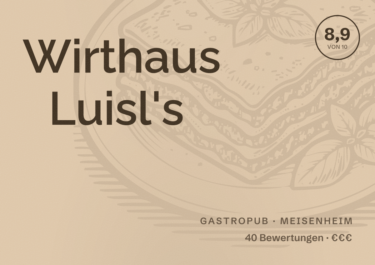 Illustriertes Poster von Wirthaus Luisl's, Gastropub in Meisenheim: Bewertung 8,9 von 10 aus 40 Bewertungen, Preisniveau €€€