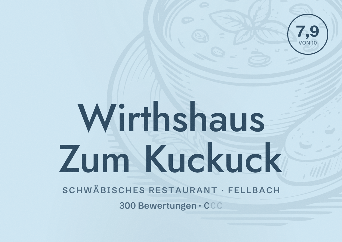 Illustriertes Poster von Wirthshaus Zum Kuckuck, Schwäbisches Restaurant in Fellbach: Bewertung 7,9 von 10 aus 300 Bewertungen, Preisniveau €