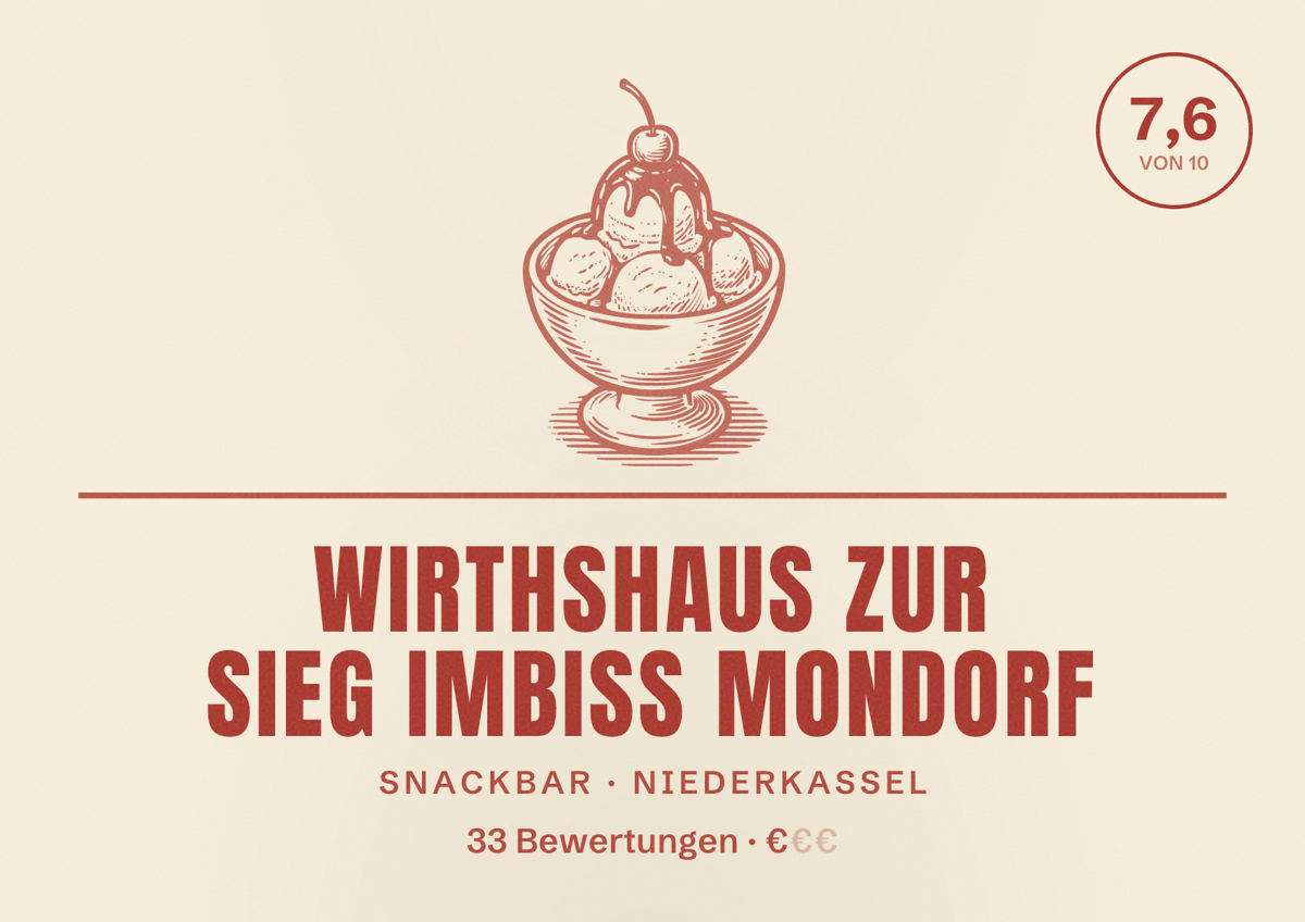 Illustriertes Poster von Wirthshaus Zur Sieg Imbiss Mondorf, Snackbar in Niederkassel: Bewertung 7,6 von 10 aus 33 Bewertungen, Preisniveau €