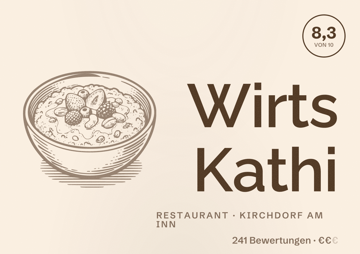 Illustriertes Poster von Wirts Kathi, Restaurant in Kirchdorf am Inn: Bewertung 8,3 von 10 aus 241 Bewertungen, Preisniveau €€
