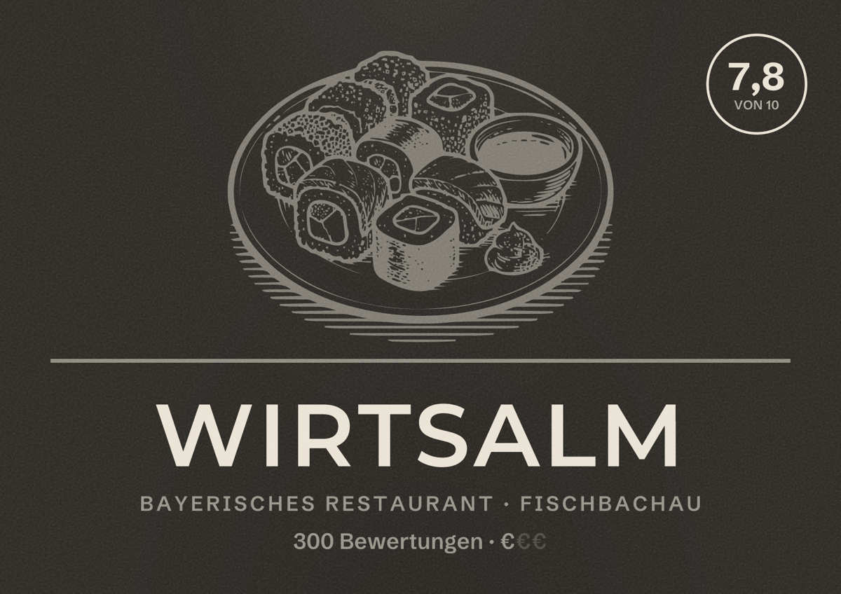 Illustriertes Poster von Wirtsalm, Bayerisches Restaurant in Fischbachau: Bewertung 7,8 von 10 aus 300 Bewertungen, Preisniveau €