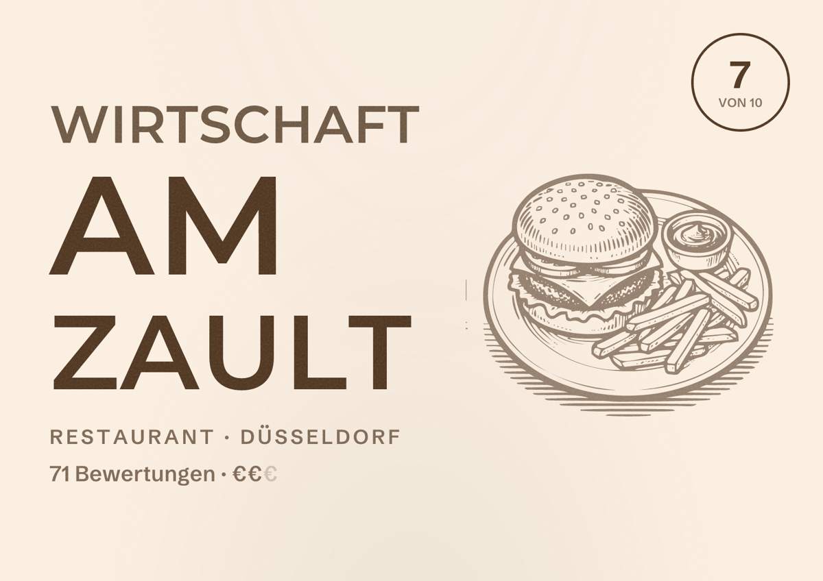 Illustriertes Poster von Wirtschaft am Zault, Restaurant in Düsseldorf: Bewertung 7,0 von 10 aus 71 Bewertungen, Preisniveau €€