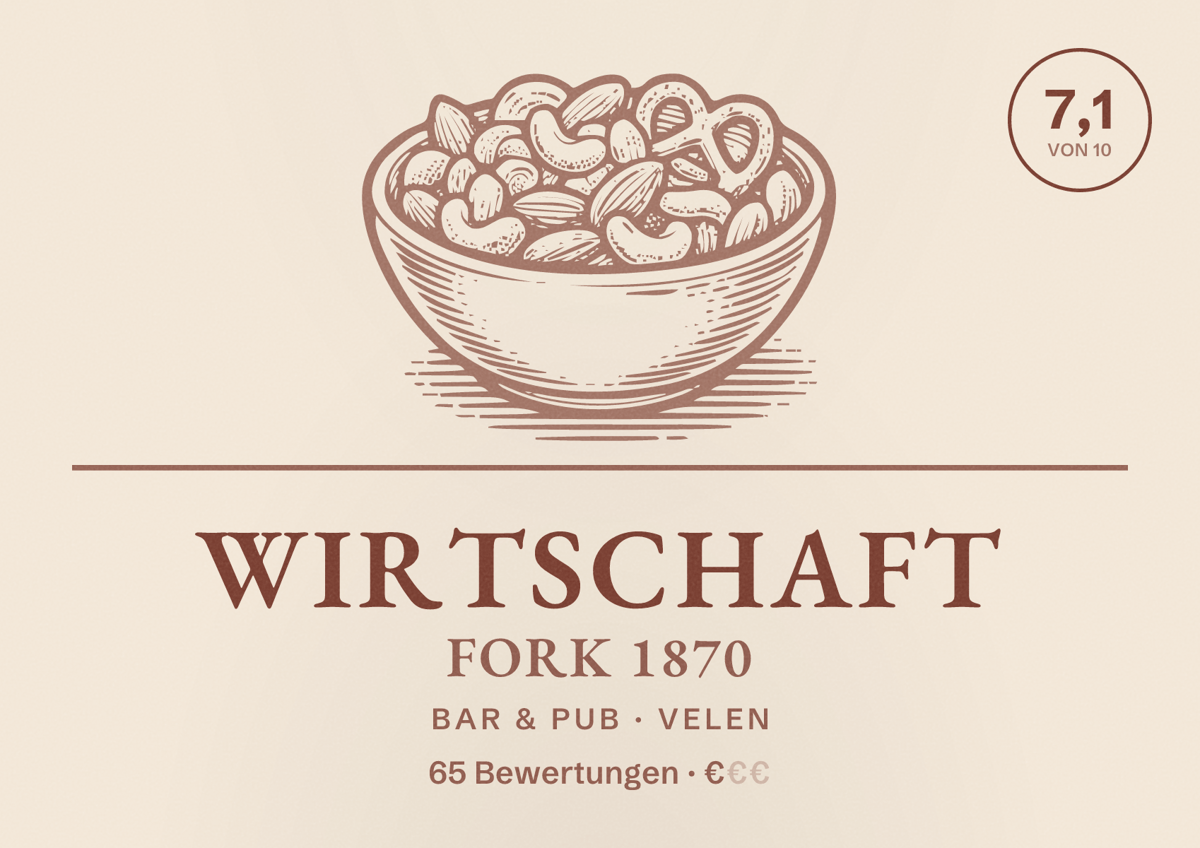 Illustriertes Poster von Wirtschaft Fork 1870, Bar & Pub in Velen: Bewertung 7,1 von 10 aus 65 Bewertungen, Preisniveau €