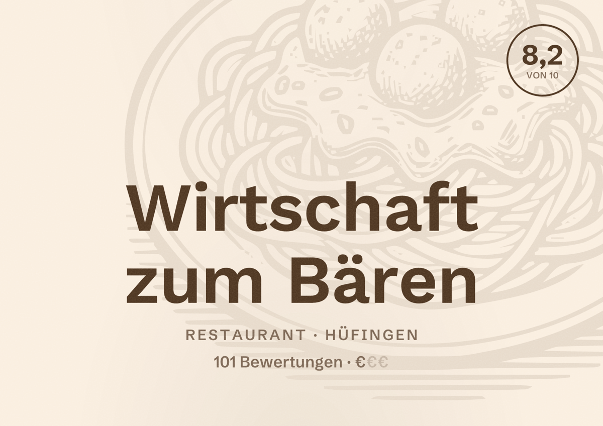 Illustriertes Poster von Wirtschaft zum Bären, Restaurant in Hüfingen: Bewertung 8,2 von 10 aus 101 Bewertungen, Preisniveau €