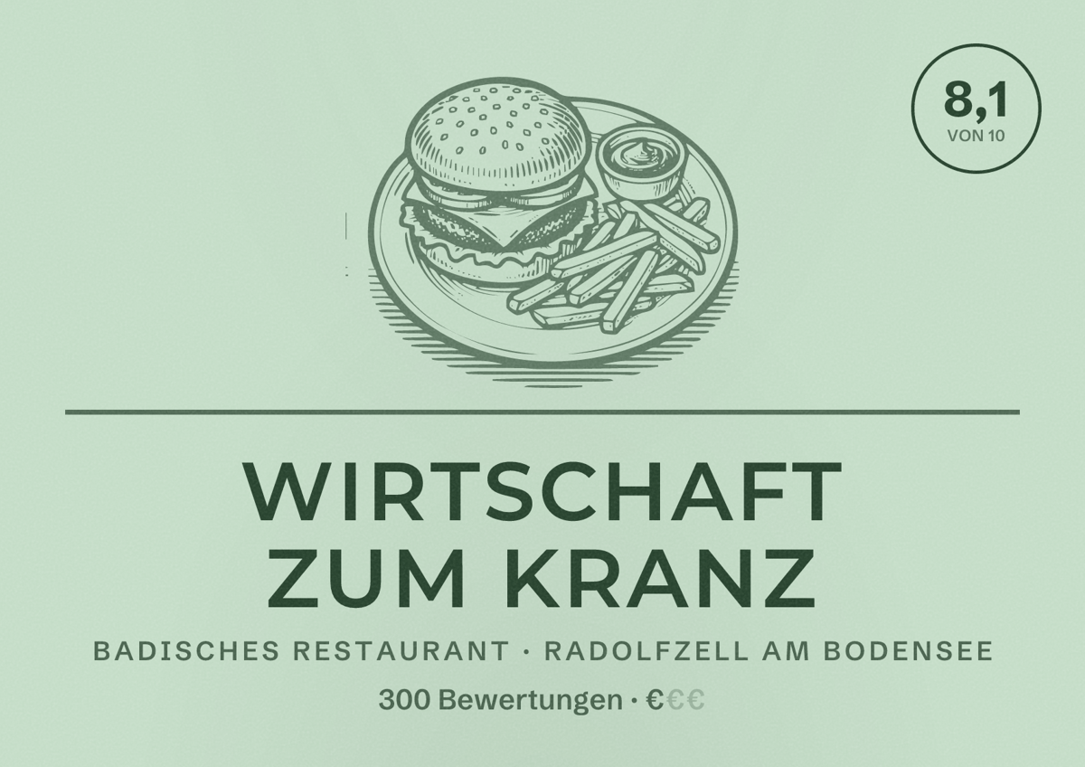 Illustriertes Poster von Wirtschaft zum Kranz, Badisches Restaurant in Radolfzell am Bodensee: Bewertung 8,1 von 10 aus 300 Bewertungen, Preisniveau €