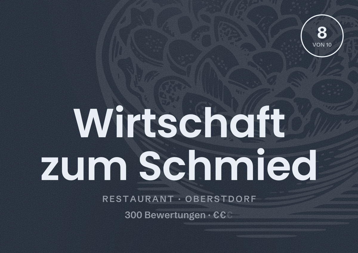 Illustriertes Poster von Wirtschaft zum Schmied, Restaurant in Oberstdorf: Bewertung 8 von 10 aus 300 Bewertungen, Preisniveau €€