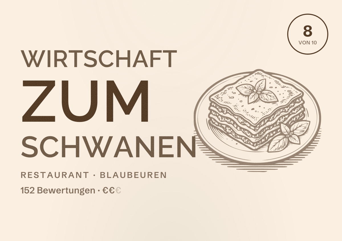 Illustriertes Poster von Wirtschaft zum Schwanen, Restaurant in Blaubeuren: Bewertung 8 von 10 aus 152 Bewertungen, Preisniveau €€