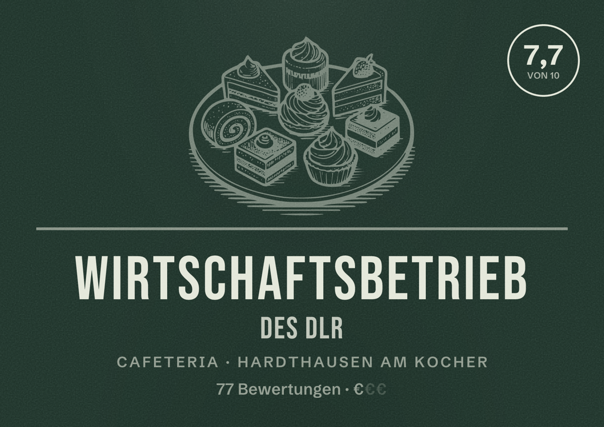 Illustriertes Poster von Wirtschaftsbetrieb des DLR, Cafeteria in Hardthausen am Kocher: Bewertung 7,7 von 10 aus 77 Bewertungen, Preisniveau €
