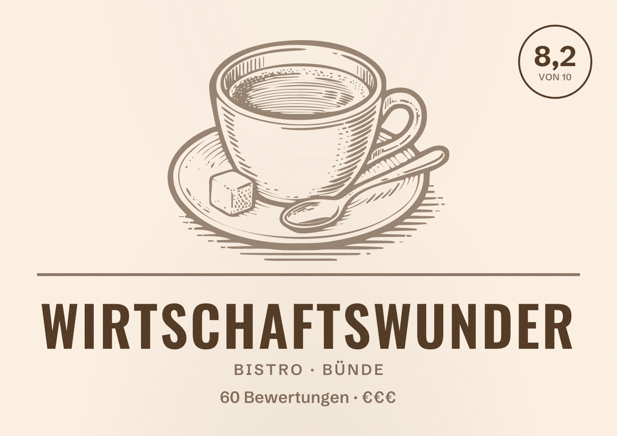 Illustriertes Poster von Wirtschaftswunder, Bistro in Bünde: Bewertung 8,2 von 10 aus 60 Bewertungen, Preisniveau €€€