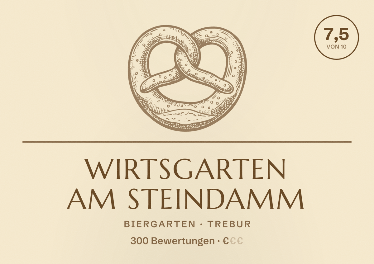 Illustriertes Poster von Wirtsgarten am Steindamm, Biergarten in Trebur: Bewertung 7,5 von 10 aus 300 Bewertungen, Preisniveau €