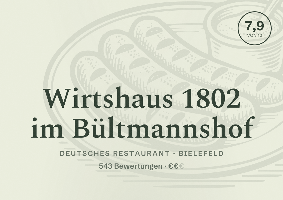 Illustriertes Poster von Wirtshaus 1802 im Bültmannshof, Deutsches Restaurant in Bielefeld: Gästebewertung 7,9 von 10 aus 543 Bewertungen