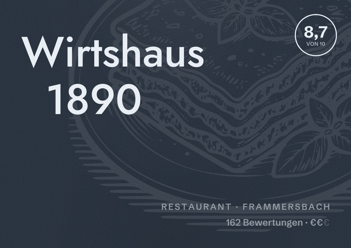 Illustriertes Poster von Wirtshaus 1890, Restaurant in Frammersbach: Bewertung 8,7 von 10 aus 162 Bewertungen, Preisniveau €€
