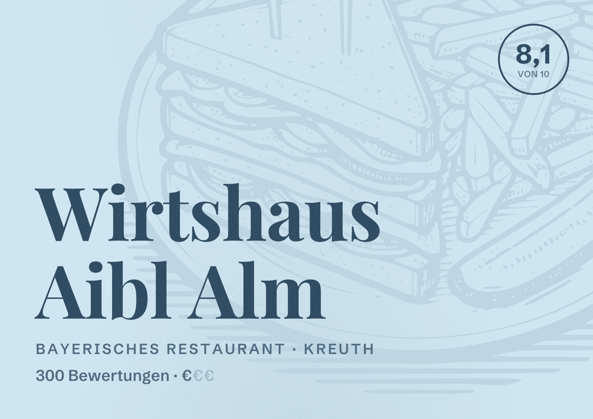 Illustriertes Poster von Wirtshaus Aibl Alm, Bayerisches Restaurant in Kreuth: Bewertung 8,1 von 10 aus 300 Bewertungen, Preisniveau €