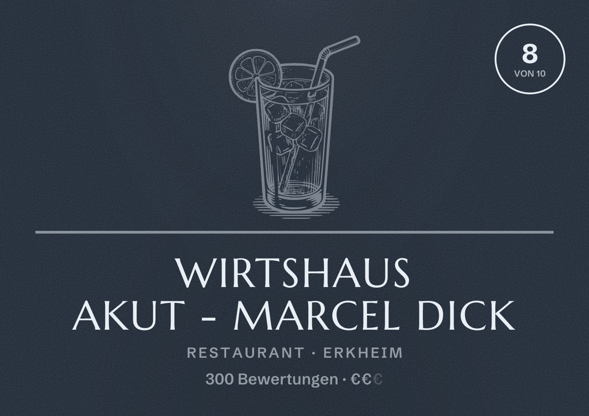 Illustriertes Poster von Wirtshaus Akut - Marcel Dick, Restaurant in Erkheim: Bewertung 8 von 10 aus 300 Bewertungen, Preisniveau €€