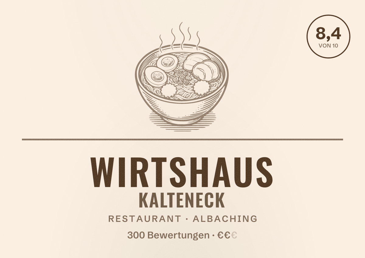 Illustriertes Poster von WIRTSHAUS KALTENECK, Restaurant in Albaching: Bewertung 8,4 von 10 aus 300 Bewertungen, Preisniveau €€