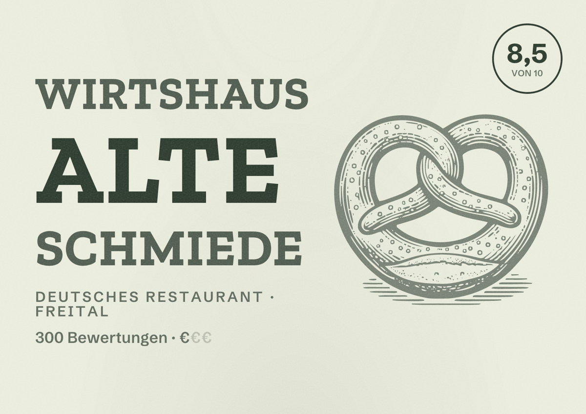 Illustriertes Poster von Wirtshaus Alte Schmiede, Deutsches Restaurant in Freital: Bewertung 8,5 von 10 aus 300 Bewertungen, Preisniveau €