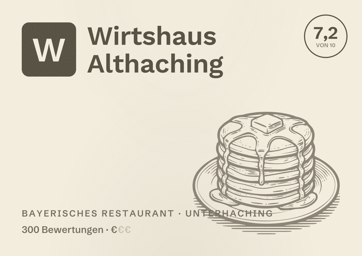 Illustriertes Poster von Wirtshaus Althaching, Bayerisches Restaurant in Unterhaching: Bewertung 7,2 von 10 aus 300 Bewertungen, Preisniveau €