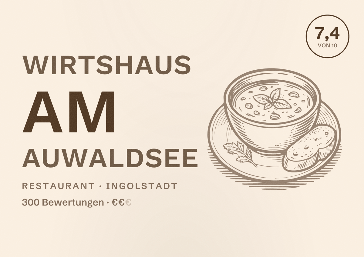 Illustriertes Poster von Wirtshaus am Auwaldsee, Restaurant in Ingolstadt: Bewertung 7,4 von 10 aus 300 Bewertungen, Preisniveau €€