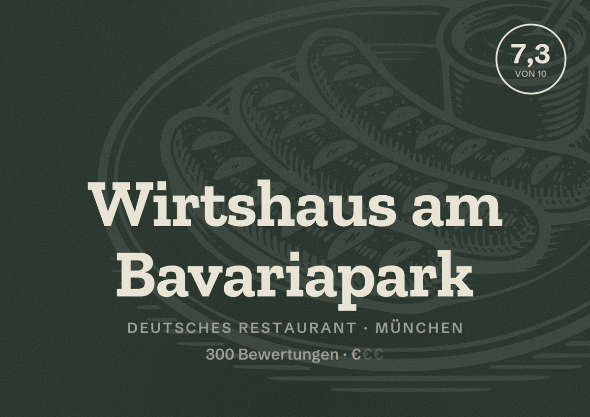 Illustriertes Poster von Wirtshaus am Bavariapark, Deutsches Restaurant in München: Bewertung 7,3 von 10 aus 300 Bewertungen, Preisniveau €