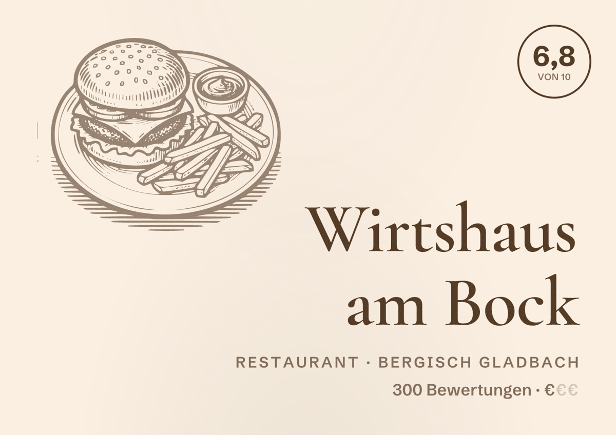 Illustriertes Poster von Wirtshaus am Bock, Restaurant in Bergisch Gladbach: Bewertung 6,8 von 10 aus 300 Bewertungen, Preisniveau €
