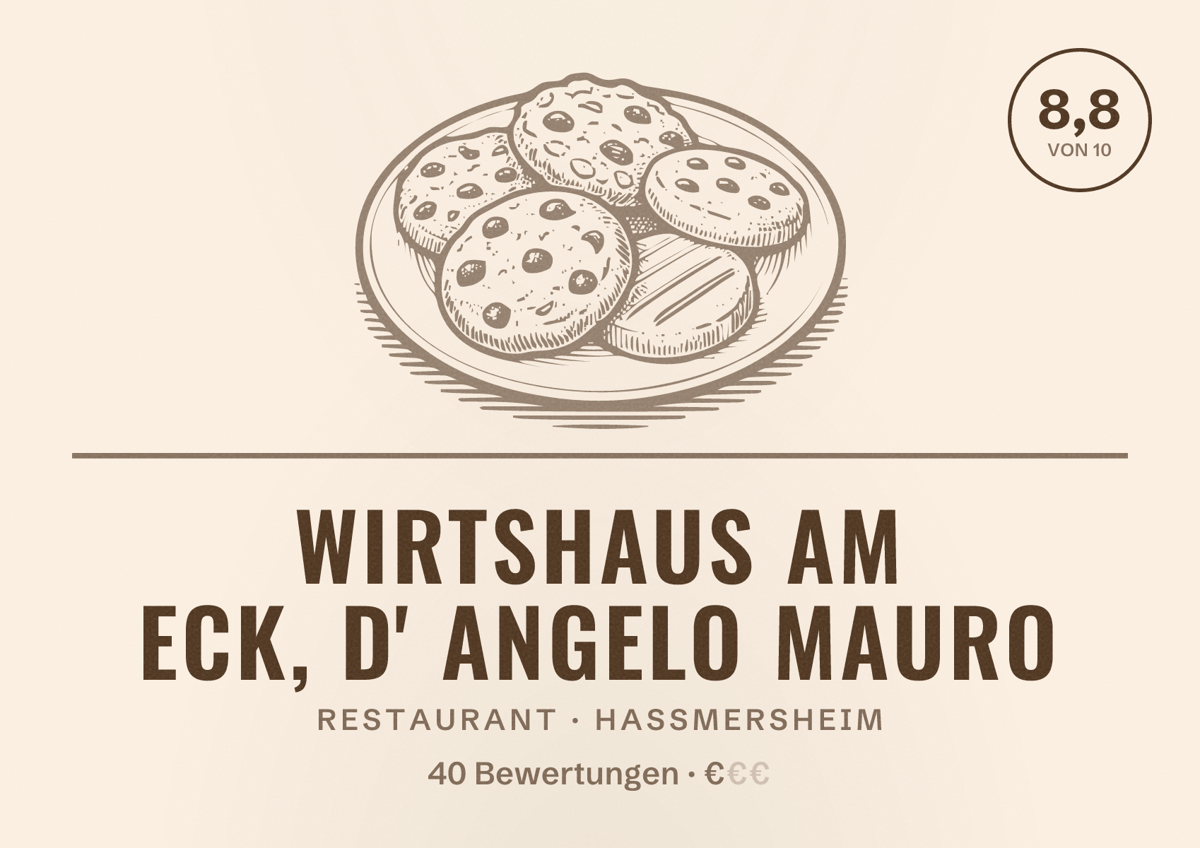 Illustriertes Poster von Wirtshaus am Eck, D' Angelo Mauro, Restaurant in Haßmersheim: Bewertung 8,8 von 10 aus 40 Bewertungen, Preisniveau €