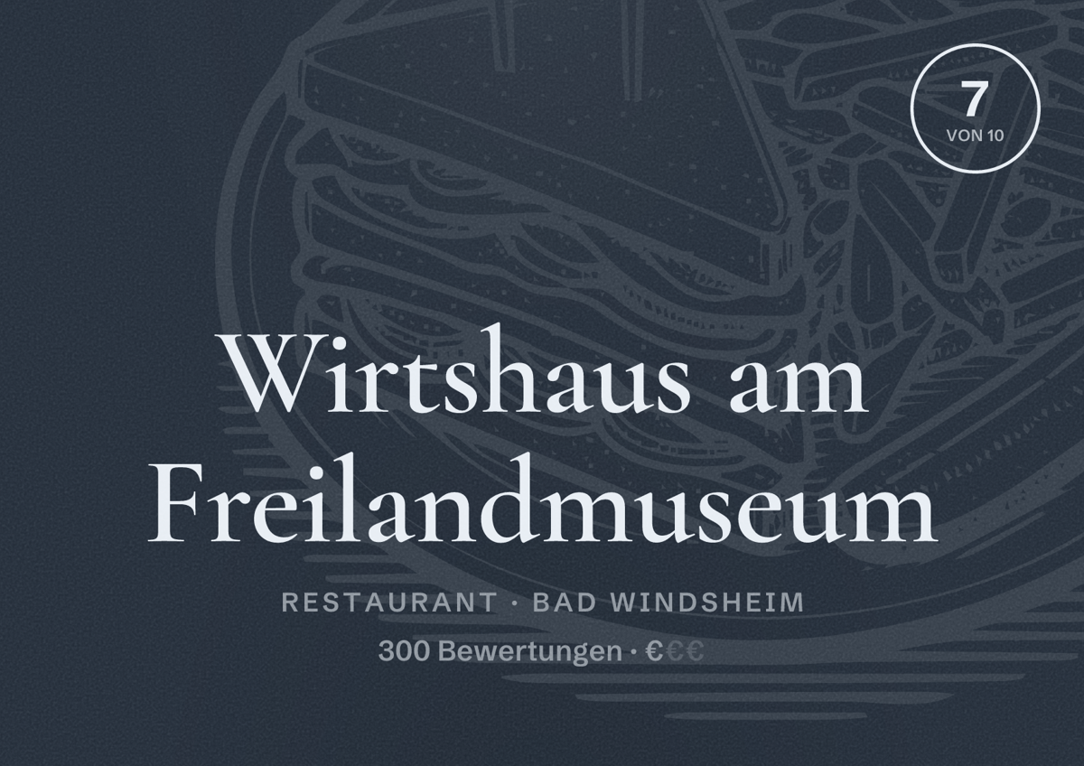 Illustriertes Poster von Wirtshaus am Freilandmuseum, Restaurant in Bad Windsheim: Bewertung 7 von 10 aus 300 Bewertungen, Preisniveau €