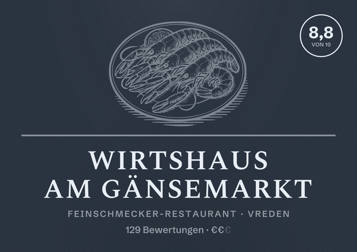 Illustriertes Poster von WIRtshaus am Gänsemarkt, Feinschmecker-Restaurant in Vreden: Bewertung 8,8 von 10 aus 129 Bewertungen, Preisniveau €€