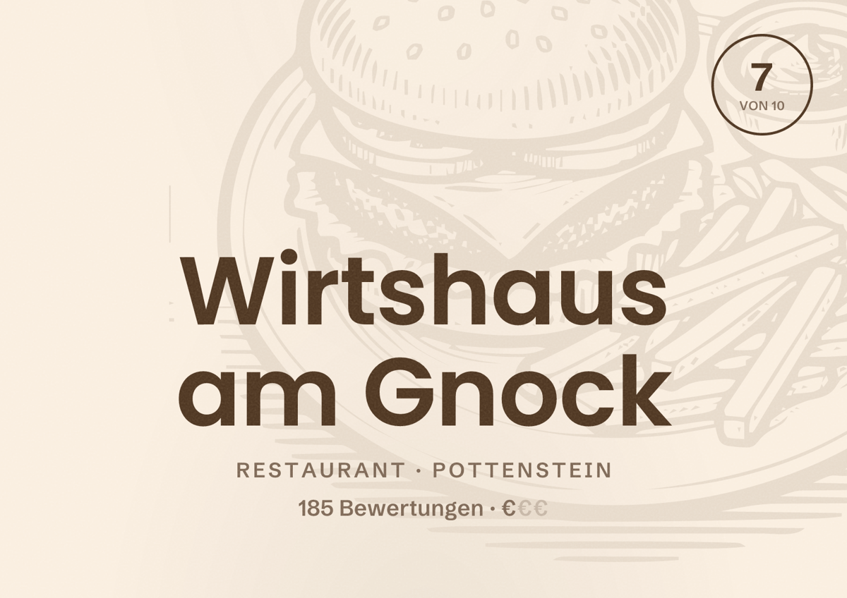 Illustriertes Poster von Wirtshaus am Gnock, Restaurant in Pottenstein: Bewertung 7 von 10 aus 185 Bewertungen, Preisniveau €