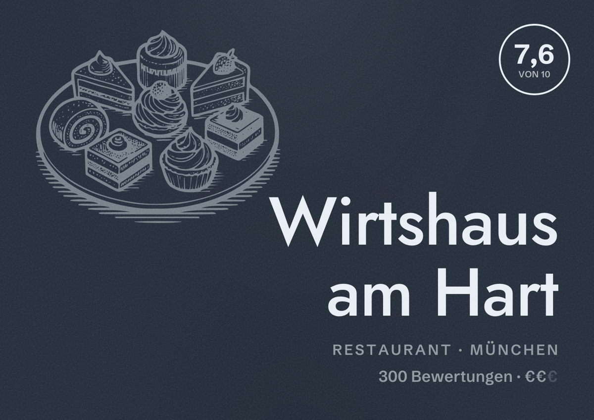 Illustriertes Poster von Wirtshaus am Hart, Restaurant in München: Bewertung 7,6 von 10 aus 300 Bewertungen, Preisniveau €€