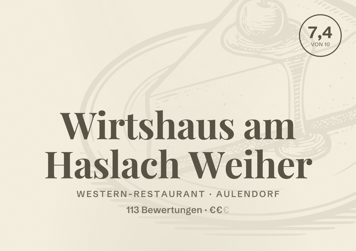 Illustriertes Poster von Wirtshaus am Haslach Weiher, Western-Restaurant in Aulendorf: Bewertung 7,4 von 10 aus 113 Bewertungen, Preisniveau €€