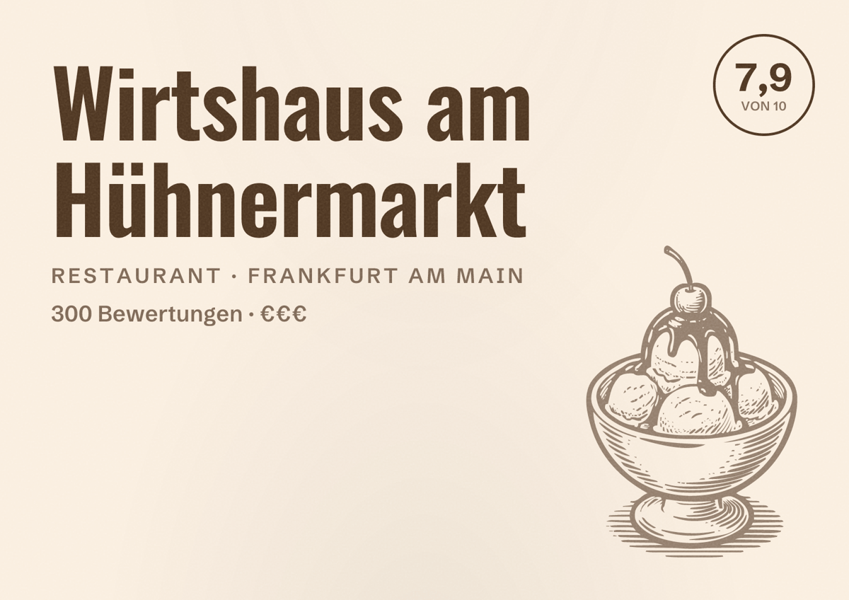 Illustriertes Poster von Wirtshaus am Hühnermarkt, Restaurant in Frankfurt am Main: Bewertung 7,9 von 10 aus 300 Bewertungen, Preisniveau €€€