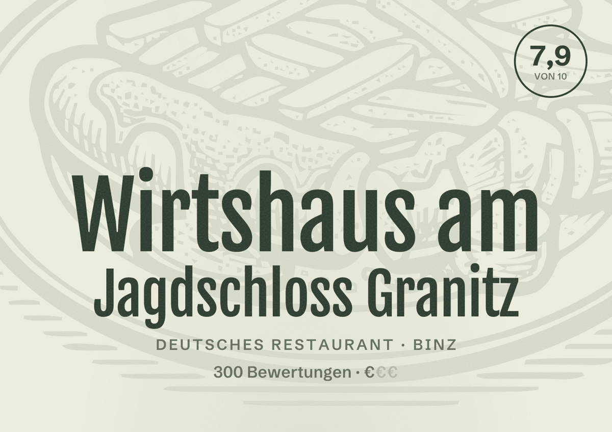 Illustriertes Poster von Wirtshaus am Jagdschloss Granitz, Deutsches Restaurant in Binz: Bewertung 7,9 von 10 aus 300 Bewertungen, Preisniveau €