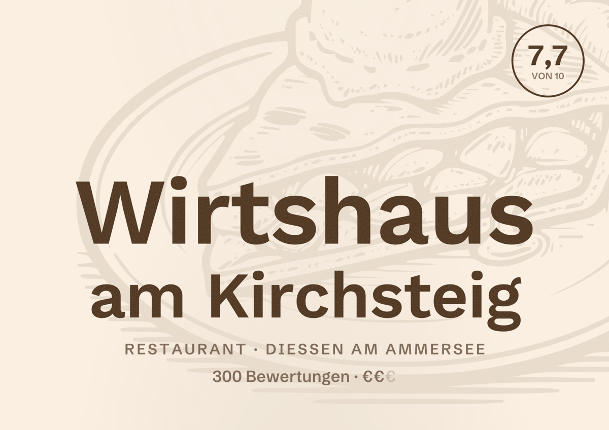 Illustriertes Poster von Wirtshaus am Kirchsteig, Restaurant in Dießen am Ammersee: Bewertung 7,7 von 10 aus 300 Bewertungen, Preisniveau €€