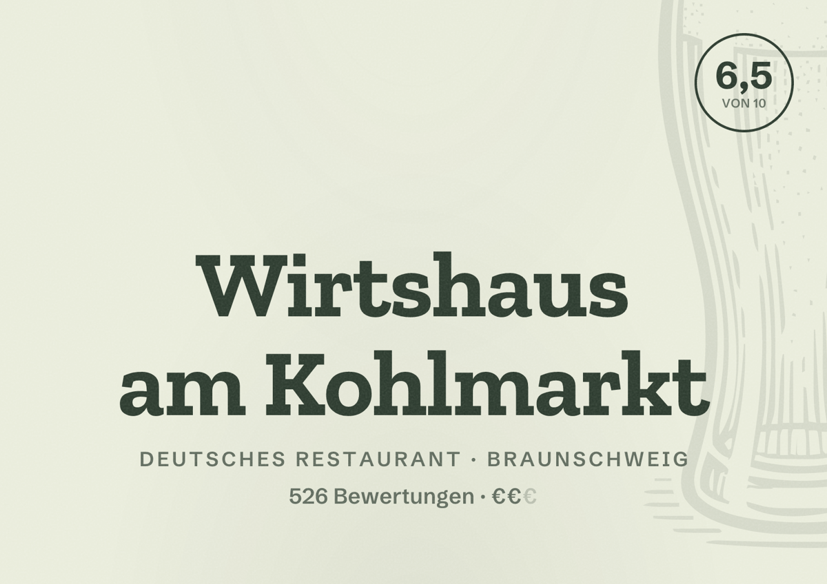 Illustriertes Poster von Wirtshaus am Kohlmarkt, Deutsches Restaurant in Braunschweig: Bewertung 6,5 von 10 aus 526 Bewertungen, Preisniveau €€