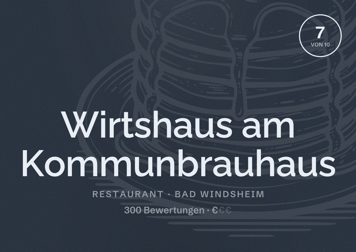 Illustriertes Poster von Wirtshaus am Kommunbrauhaus, Restaurant in Bad Windsheim: Bewertung 7 von 10 aus 300 Bewertungen, Preisniveau €
