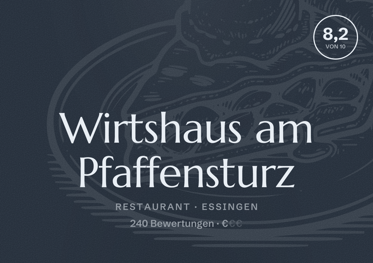 Illustriertes Poster von Wirtshaus am Pfaffensturz, Restaurant in Essingen: Bewertung 8,2 von 10 aus 240 Bewertungen, Preisniveau €