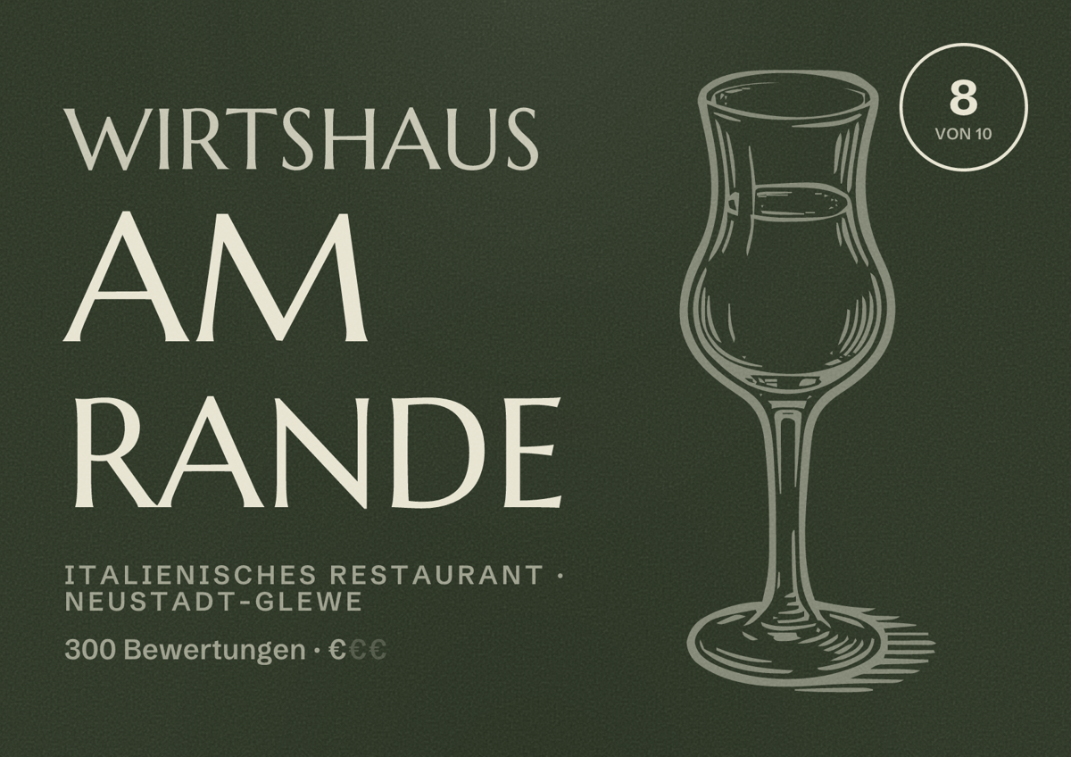 Illustriertes Poster von Wirtshaus Am Rande, Italienisches Restaurant in Neustadt-Glewe: Bewertung 8 von 10 aus 300 Bewertungen, Preisniveau €