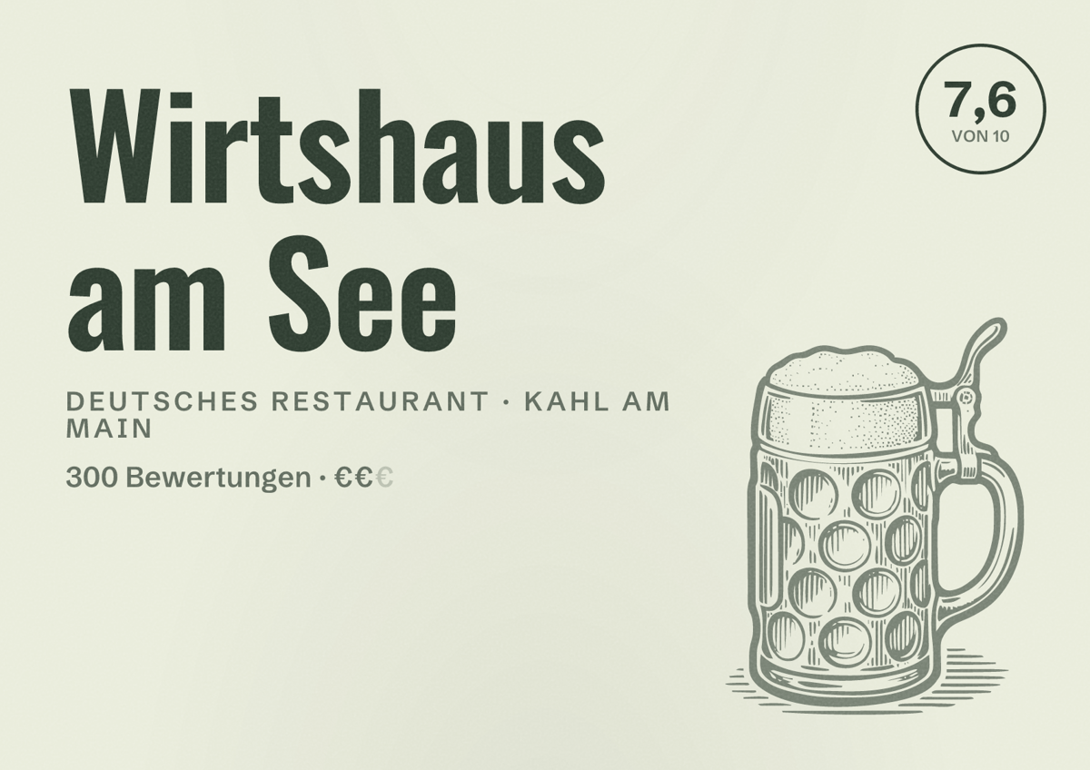 Illustriertes Poster von Wirtshaus am See, Deutsches Restaurant in Kahl am Main: Bewertung 7,6 von 10 aus 300 Bewertungen, Preisniveau €€