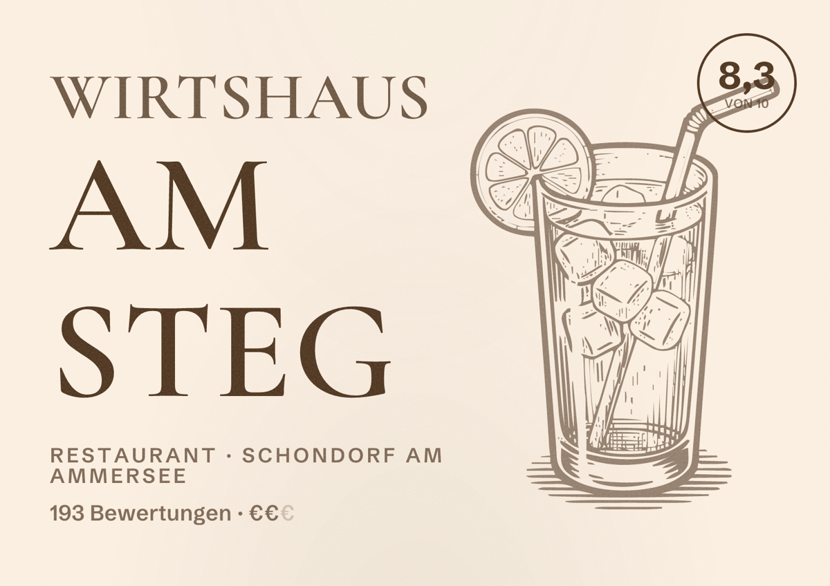 Illustriertes Poster von Wirtshaus am Steg, Restaurant in Schondorf am Ammersee: Bewertung 8,3 von 10 aus 193 Bewertungen, Preisniveau €€