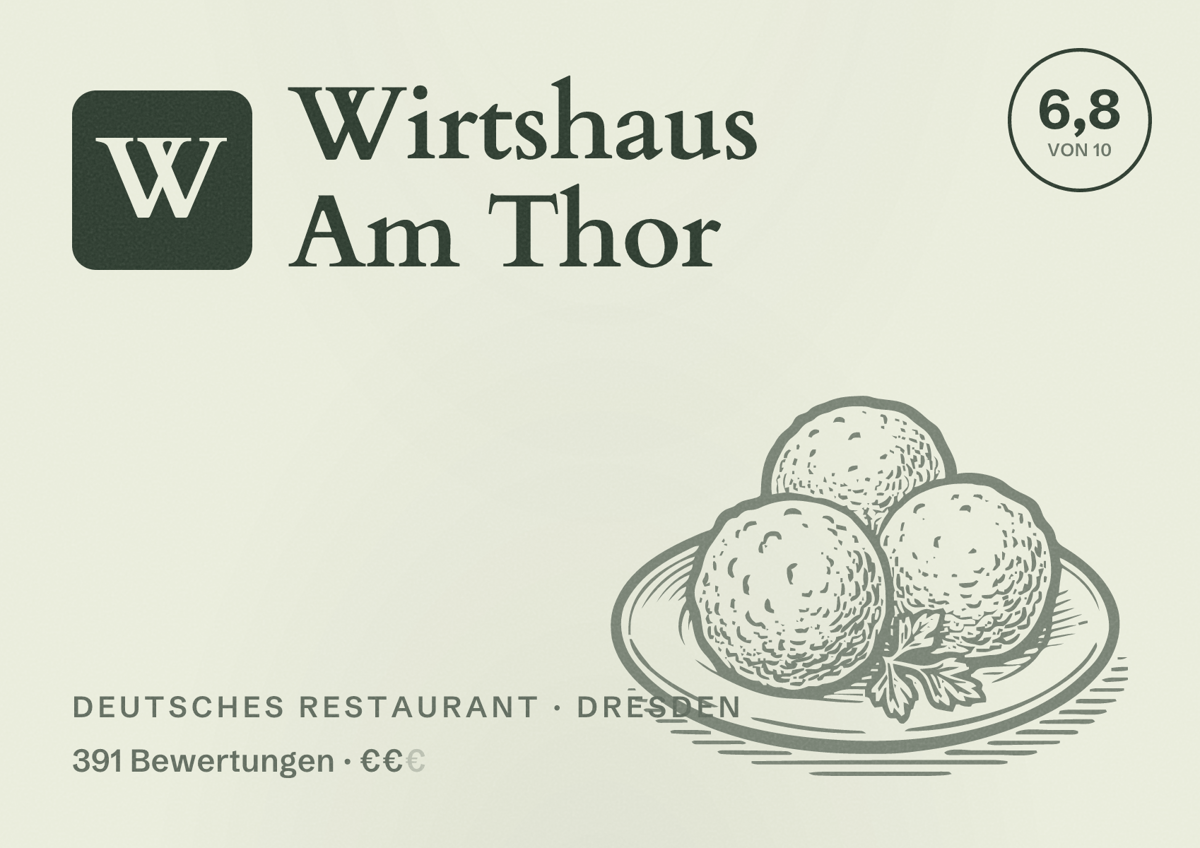 Illustriertes Poster von Wirtshaus Am Thor, Deutsches Restaurant in Dresden: Bewertung 6,8 von 10 aus 391 Bewertungen, Preisniveau €€