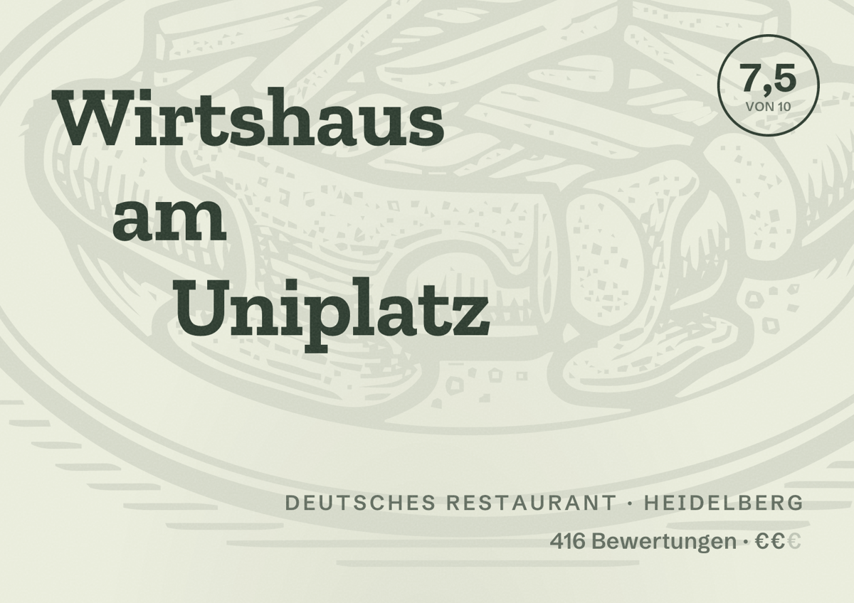 Illustriertes Poster von Wirtshaus am Uniplatz, Deutsches Restaurant in Heidelberg: Bewertung 7,5 von 10 aus 416 Bewertungen, Preisniveau €€