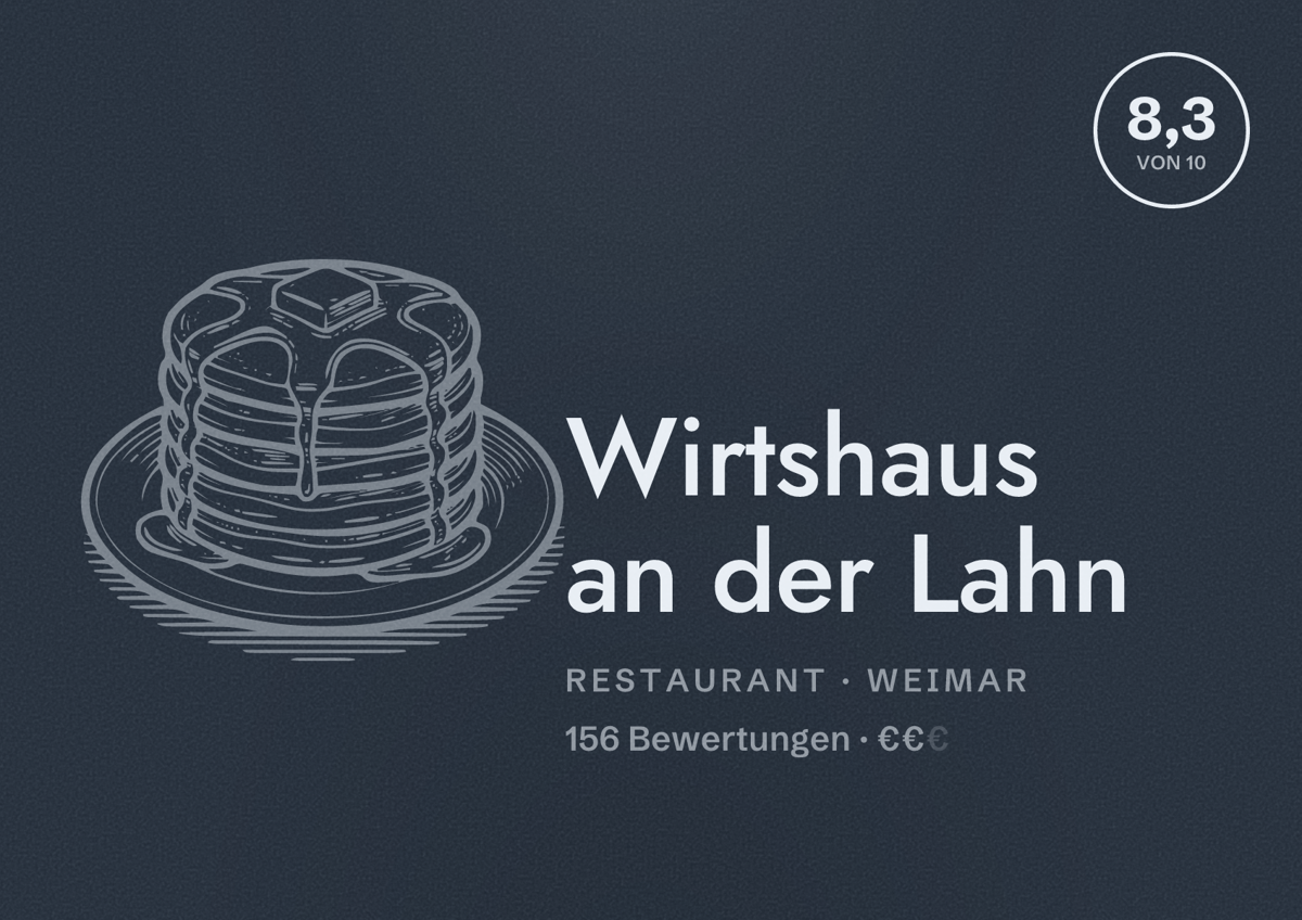 Illustriertes Poster von Wirtshaus an der Lahn, Restaurant in Weimar: Bewertung 8,3 von 10 aus 156 Bewertungen, Preisniveau €€