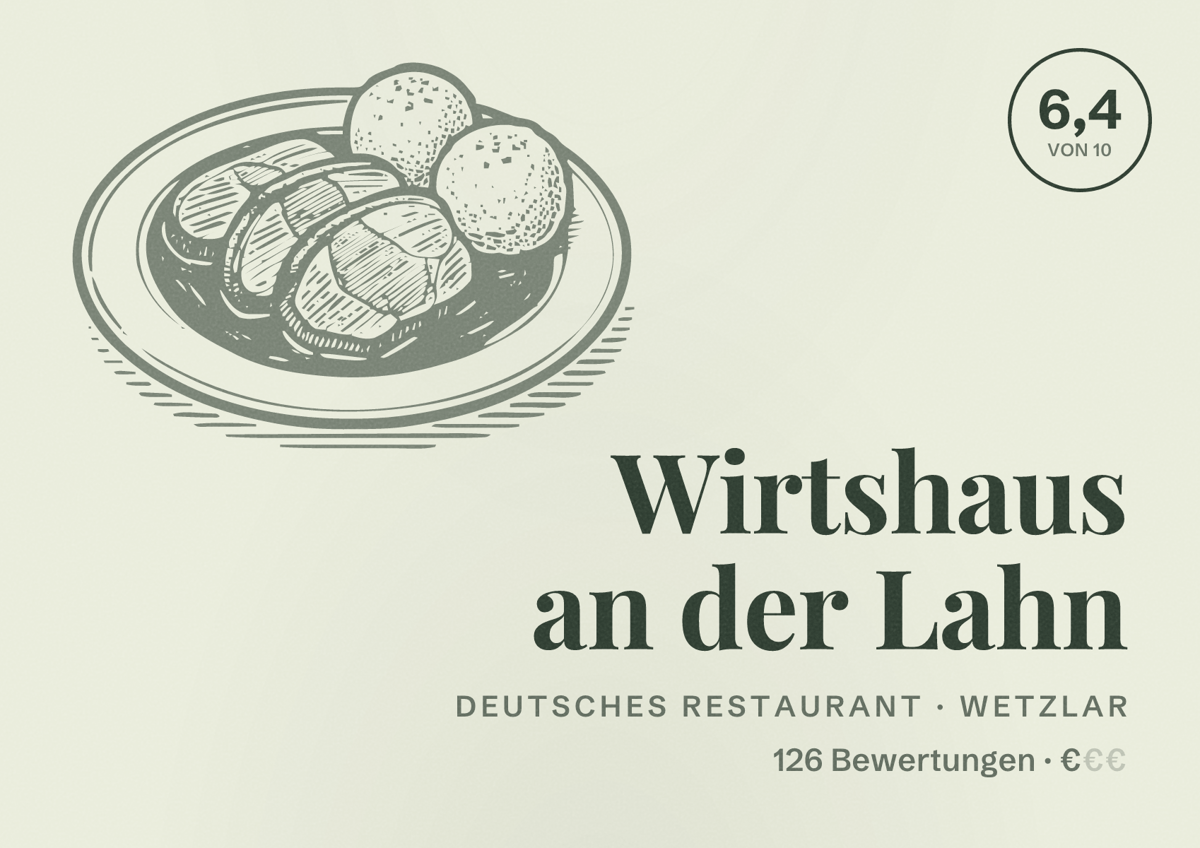 Illustriertes Poster von Wirtshaus an der Lahn, Deutsches Restaurant in Wetzlar: Bewertung 6,4 von 10 aus 126 Bewertungen, Preisniveau €