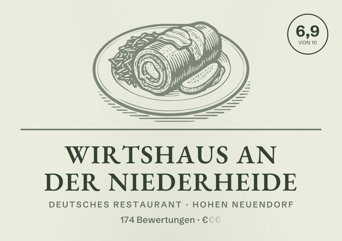Illustriertes Poster von Wirtshaus an der Niederheide, Deutsches Restaurant in Hohen Neuendorf: Bewertung 6,9 von 10 aus 174 Bewertungen, Preisniveau €