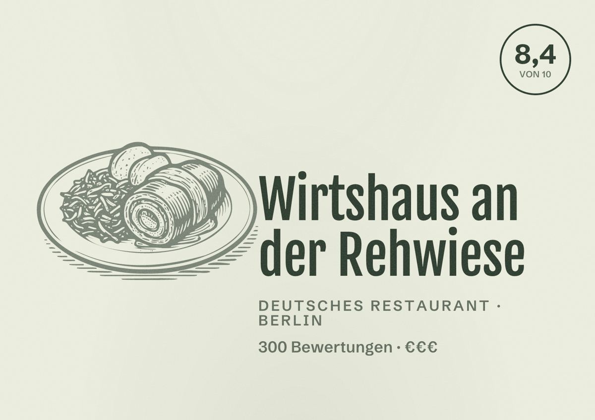 Illustriertes Poster von Wirtshaus an der Rehwiese, Deutsches Restaurant in Berlin: Bewertung 8,4 von 10 aus 300 Bewertungen, Preisniveau €€€