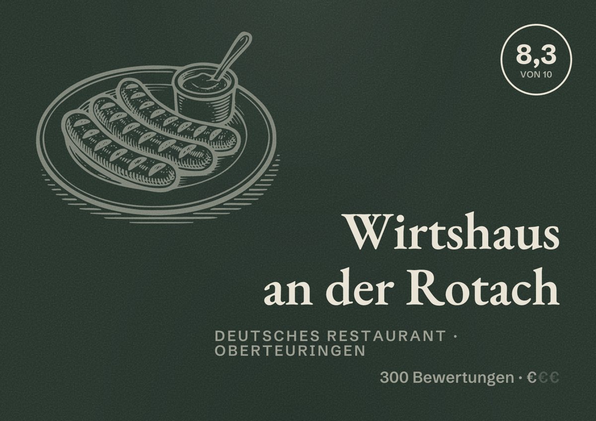 Illustriertes Poster von Wirtshaus an der Rotach, Deutsches Restaurant in Oberteuringen: Bewertung 8,3 von 10 aus 300 Bewertungen, Preisniveau €