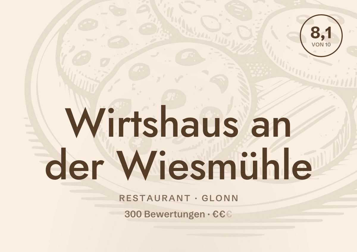 Illustriertes Poster von Wirtshaus an der Wiesmühle, Restaurant in Glonn: Bewertung 8,1 von 10 aus 300 Bewertungen, Preisniveau €€